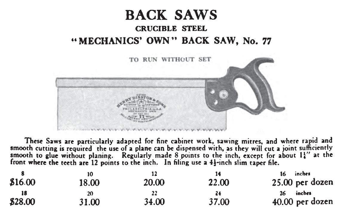 Disston No 77 No Set Backsaw 18 Inch -- Freshly Sharpened